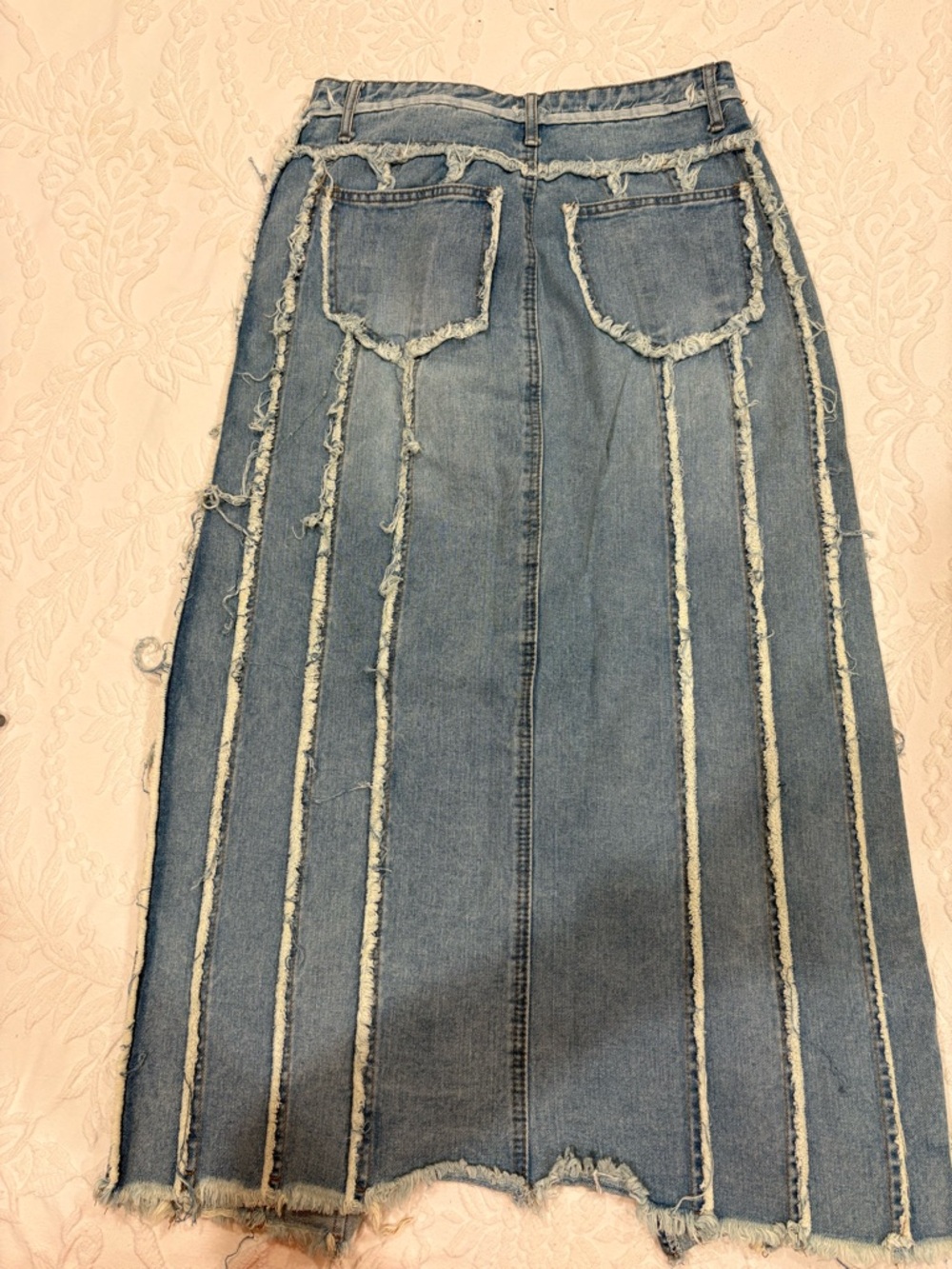 Striped Frayed Denim Maxi Skirt in Light Blue - Picture 2 of 3